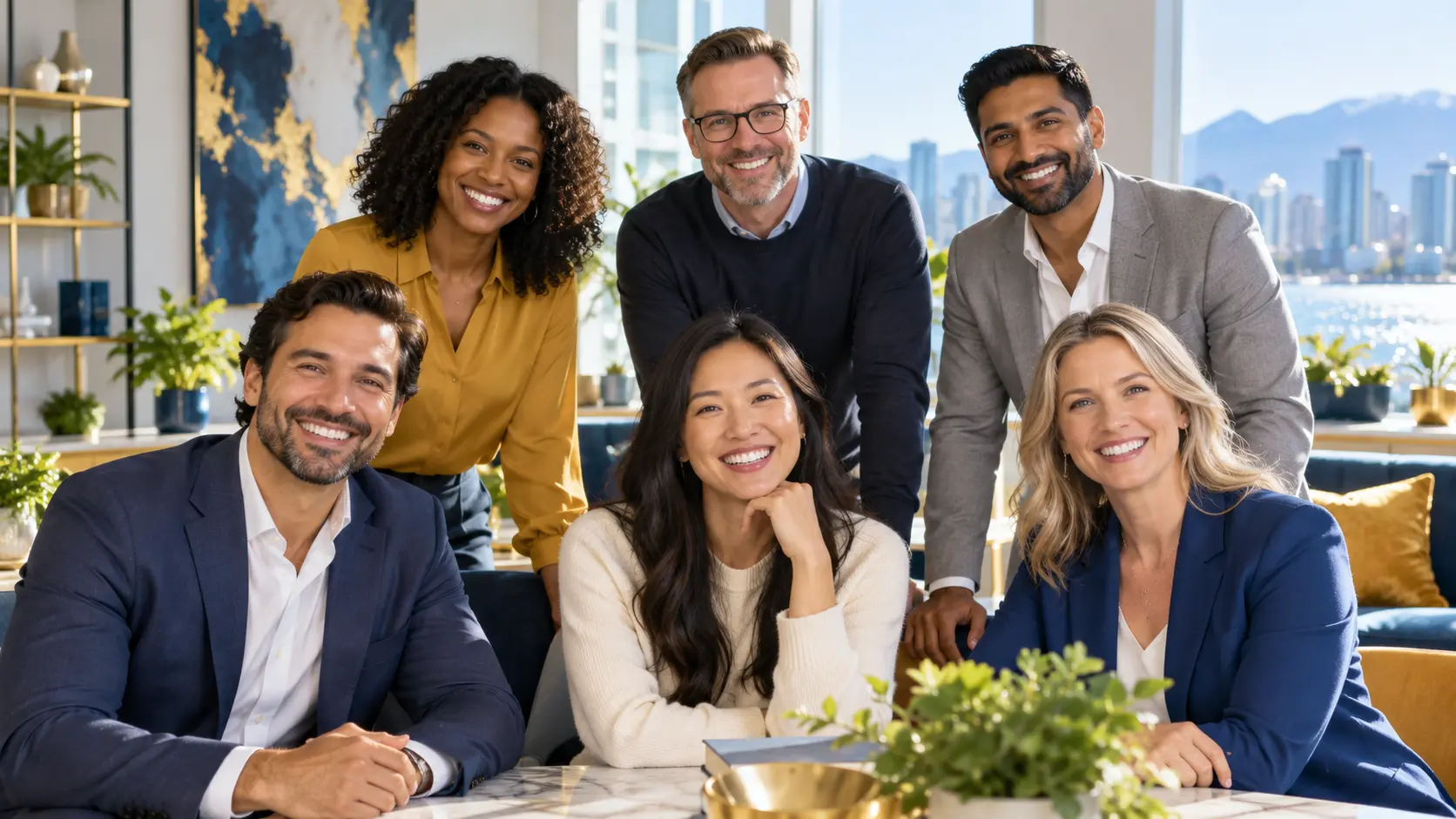Smiling professionals together in a bright workplace