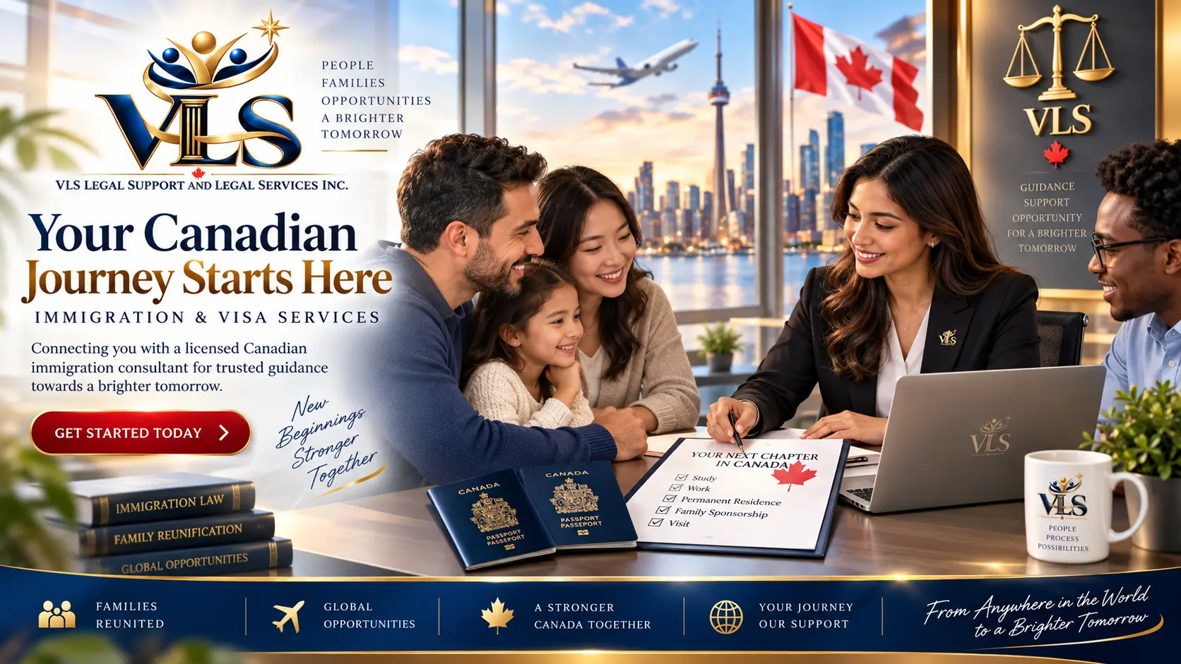 A diverse family meeting with a Canadian immigration professional in a bright office