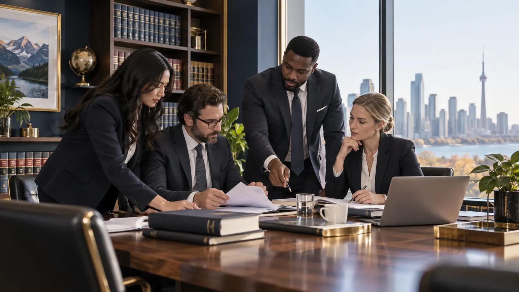 Legal professionals collaborating in a bright law firm office