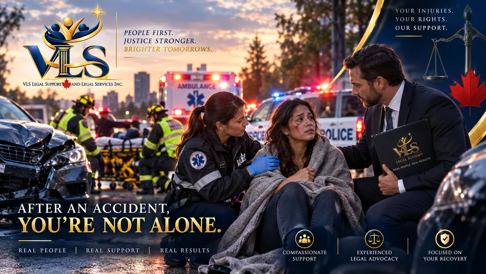 Motor vehicle accident victim receiving compassionate emergency and legal support